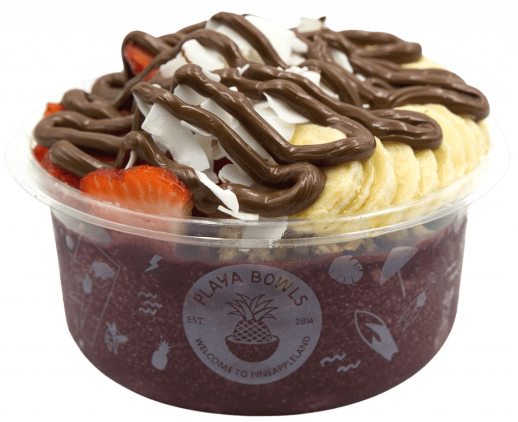 Pure acai topped with granola, banana, strawberry, coconut flakes, nutella drizzle