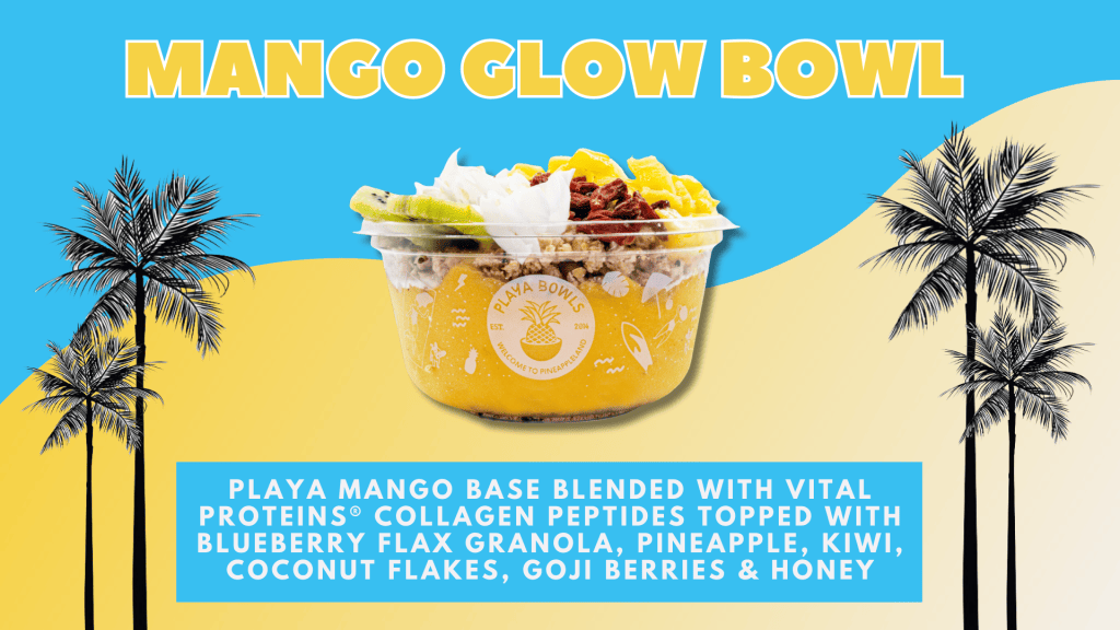 A vibrant mango bowl topped with granola, pineapple, kiwi, coconut flakes, goji berries, and honey, set against a tropical background.