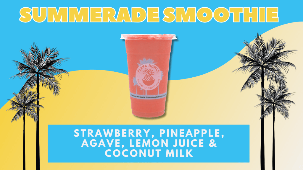 A vibrant smoothie cup with a pink drink, featuring ingredients like strawberry, pineapple, and coconut milk, set against a tropical background.