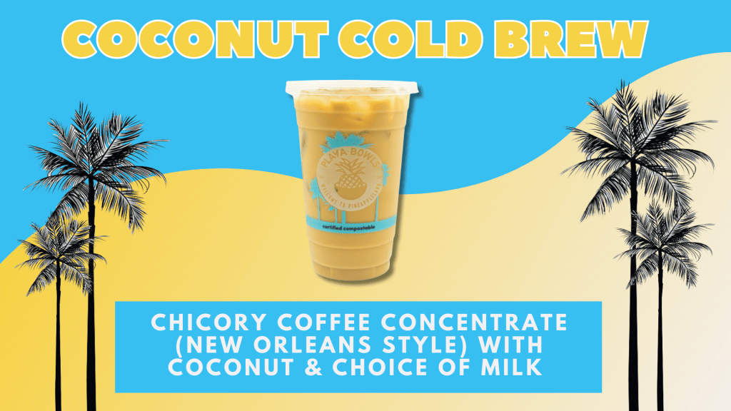 A vibrant graphic featuring a coconut cold brew drink, surrounded by palm trees and a bright blue background.