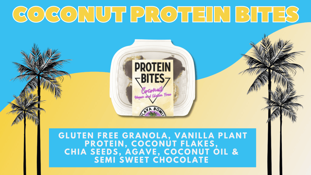 A vibrant image featuring "Coconut Protein Bites" packaging with palm trees and a blue background. Ingredients listed include gluten-free granola and coconut flakes.